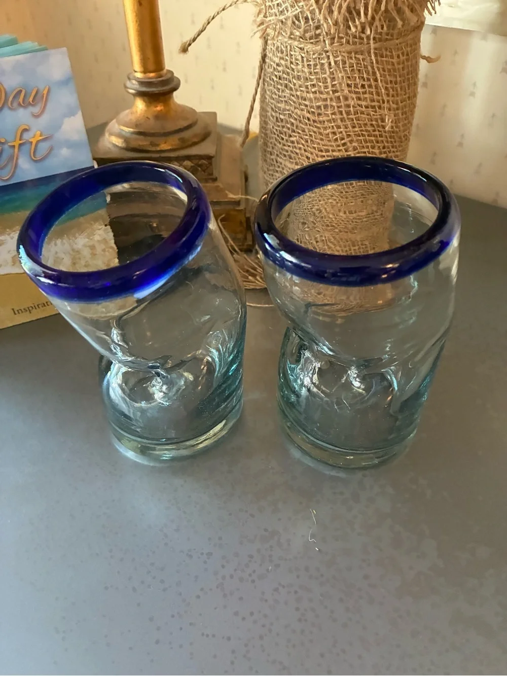 Set of 2 COBALT BLUE rim MEXICAN hand blown THICK glass tumblers. 5.5 inches.